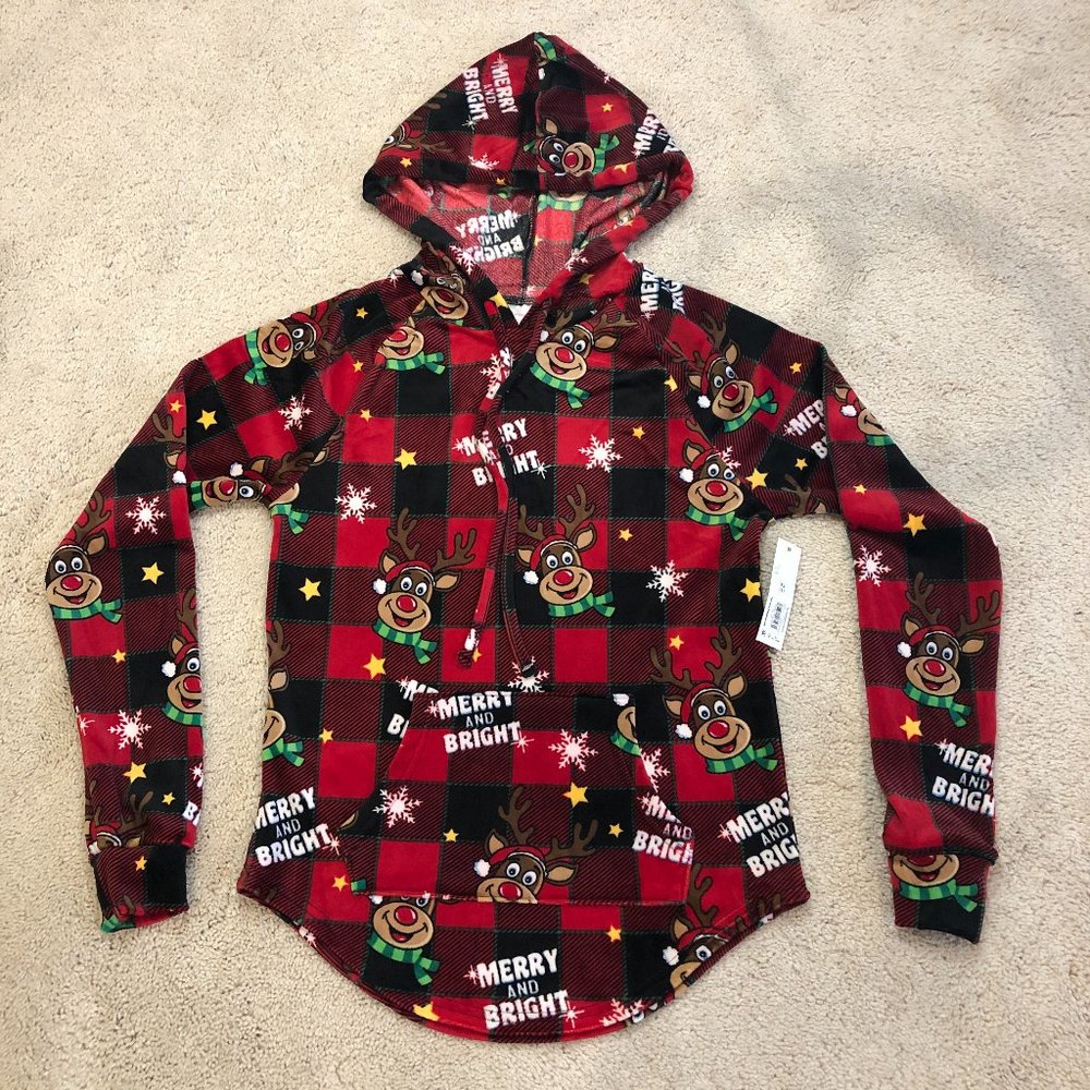 NWT No Boundaries Women's "Merry & Bright" Christmas Plush Pullover Hoodie